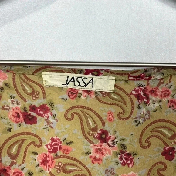 Jassa Wonens Dress 14 Gold Maroon 3/4 Sleeves Boho Floral Paisley Button Up EUC - Picture 2 of 14